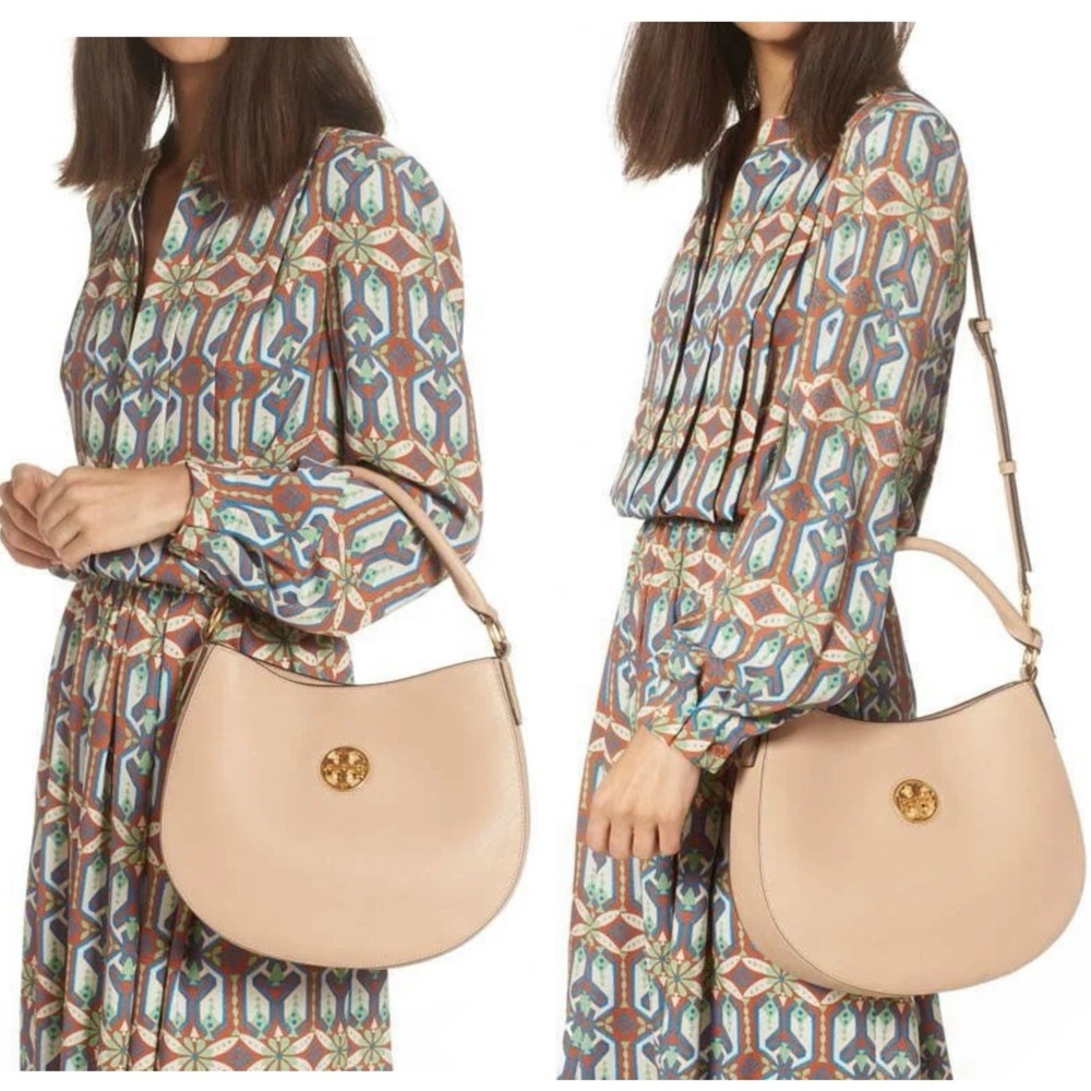 Tory Burch Carson Devon HOBO Shoulder Bag Crossbody Blush Beige Tone Leather